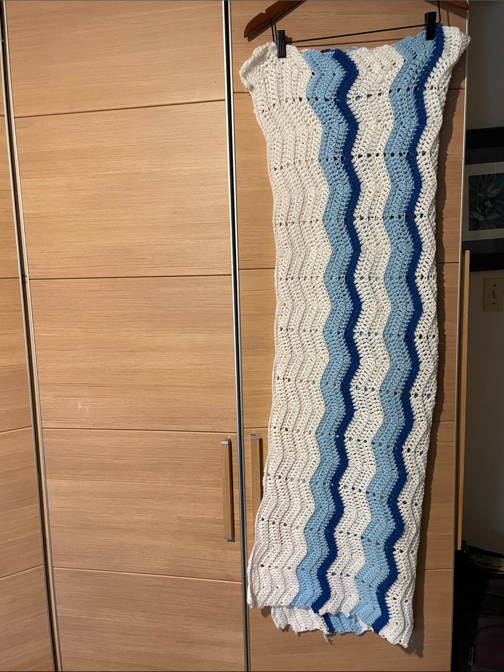 Handmade Crochet Chevron Throw Blanket in White and Blue